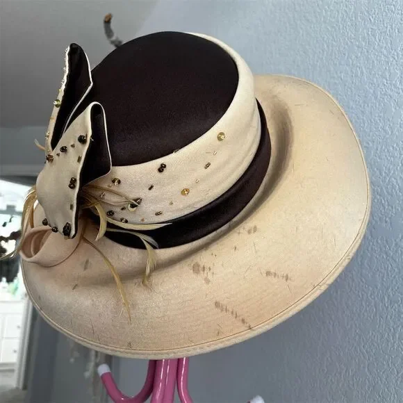 Midnight Velvet Vintage Beige Hat Beaded Bow & Feathers One Size - Picture 6 of 8